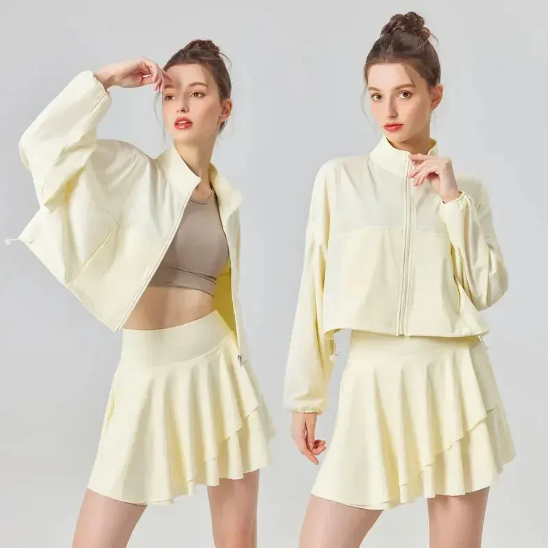 Sun Protection Women's Tennis Golf Sports Set - Outdoor Workout Long Sleeve Jacket and Pleated Skirt 2 Piece Set