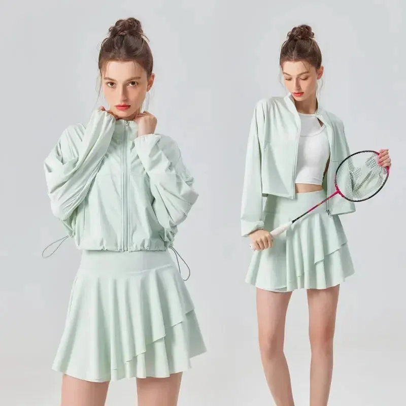 Sun Protection Women's Tennis Golf Sports Set - Outdoor Workout Long Sleeve Jacket and Pleated Skirt 2 Piece Set
