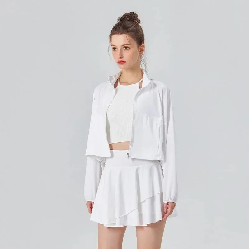 Sun Protection Women's Tennis Golf Sports Set - Outdoor Workout Long Sleeve Jacket and Pleated Skirt 2 Piece Set