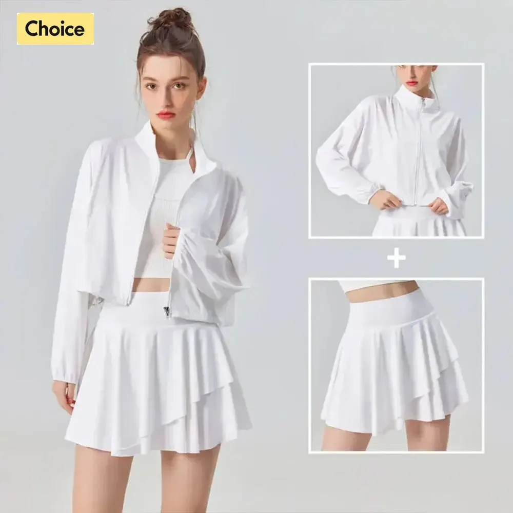 Sun Protection Women's Tennis Golf Sports Set - Outdoor Workout Long Sleeve Jacket and Pleated Skirt 2 Piece Set