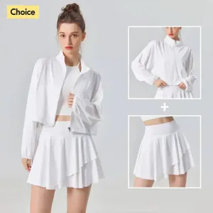 Sun Protection Women's Tennis Golf Sports Set - Outdoor Workout Long Sleeve Jacket and Pleated Skirt 2 Piece Set