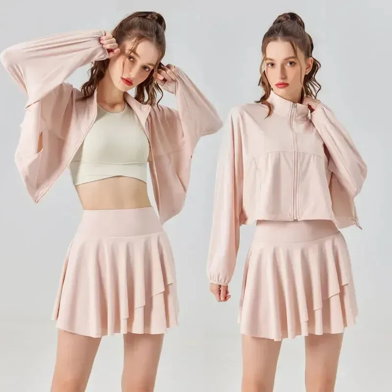 Sun Protection Women's Tennis Golf Sports Set - Outdoor Workout Long Sleeve Jacket and Pleated Skirt 2 Piece Set