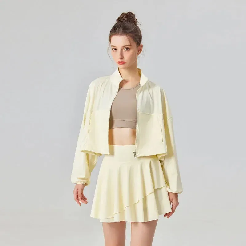 Sun Protection Women's Tennis Golf Sports Set - Outdoor Workout Long Sleeve Jacket and Pleated Skirt 2 Piece Set