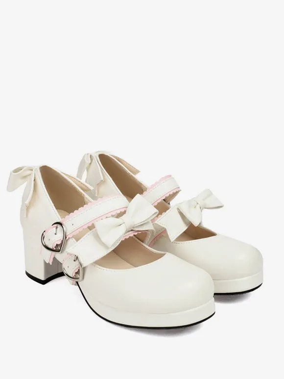 Sweet Lolita Footwear Black Bows PU Leather Chunky Heel Lolita Pumps