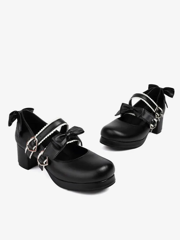 Sweet Lolita Footwear Black Bows PU Leather Chunky Heel Lolita Pumps