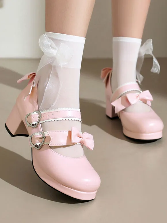 Sweet Lolita Footwear Black Bows PU Leather Chunky Heel Lolita Pumps