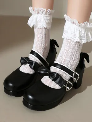Sweet Lolita Footwear Black Bows PU Leather Chunky Heel Lolita Pumps