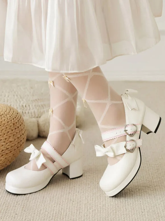 Sweet Lolita Footwear Black Bows PU Leather Chunky Heel Lolita Pumps