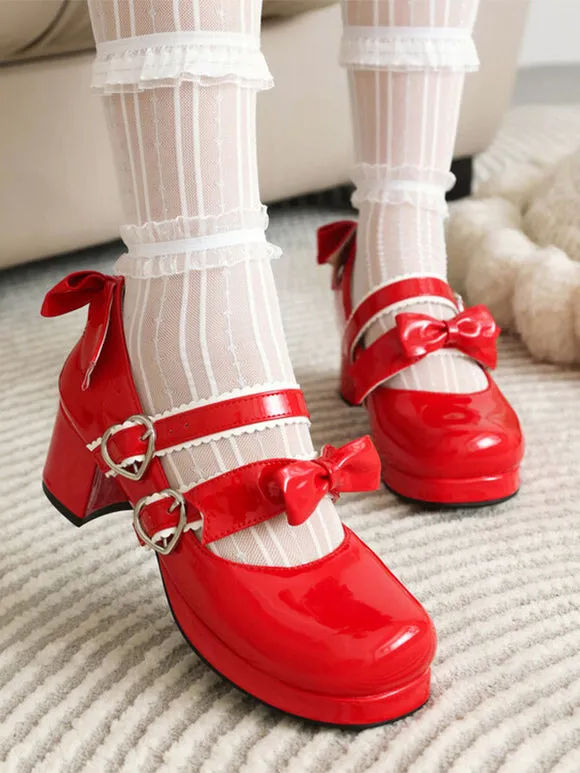 Sweet Lolita Footwear Black Bows PU Leather Chunky Heel Lolita Pumps