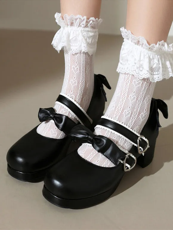Sweet Lolita Footwear Black Bows PU Leather Chunky Heel Lolita Pumps