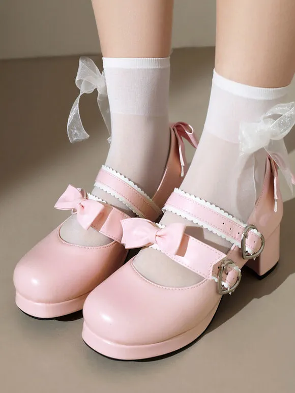 Sweet Lolita Footwear Black Bows PU Leather Chunky Heel Lolita Pumps