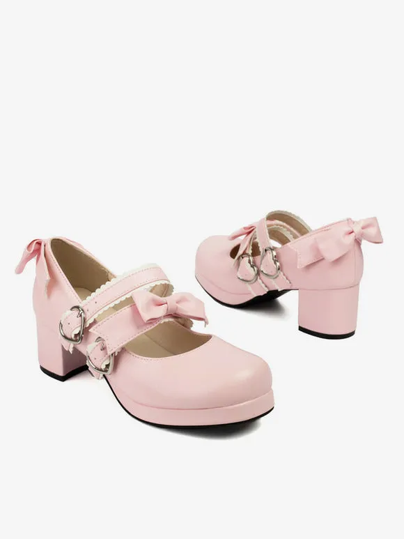Sweet Lolita Footwear Black Bows PU Leather Chunky Heel Lolita Pumps