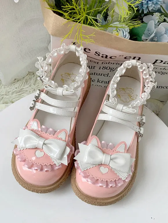 Sweet Lolita Footwear Light Sky Blue Ruffles Bows PU Leather Chunky Heel Lolita Shoes