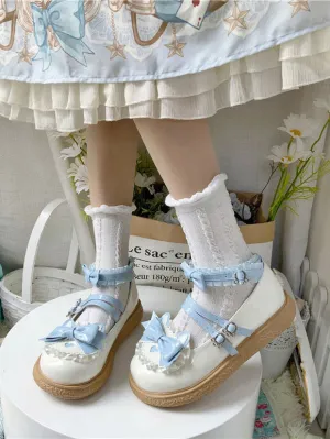 Sweet Lolita Footwear Light Sky Blue Ruffles Bows PU Leather Chunky Heel Lolita Shoes