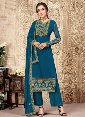 Teal and Gold Straight Cut Embroidered Pant Style Suit