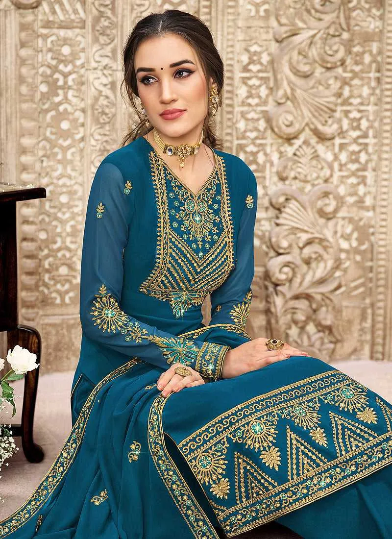 Teal and Gold Straight Cut Embroidered Pant Style Suit