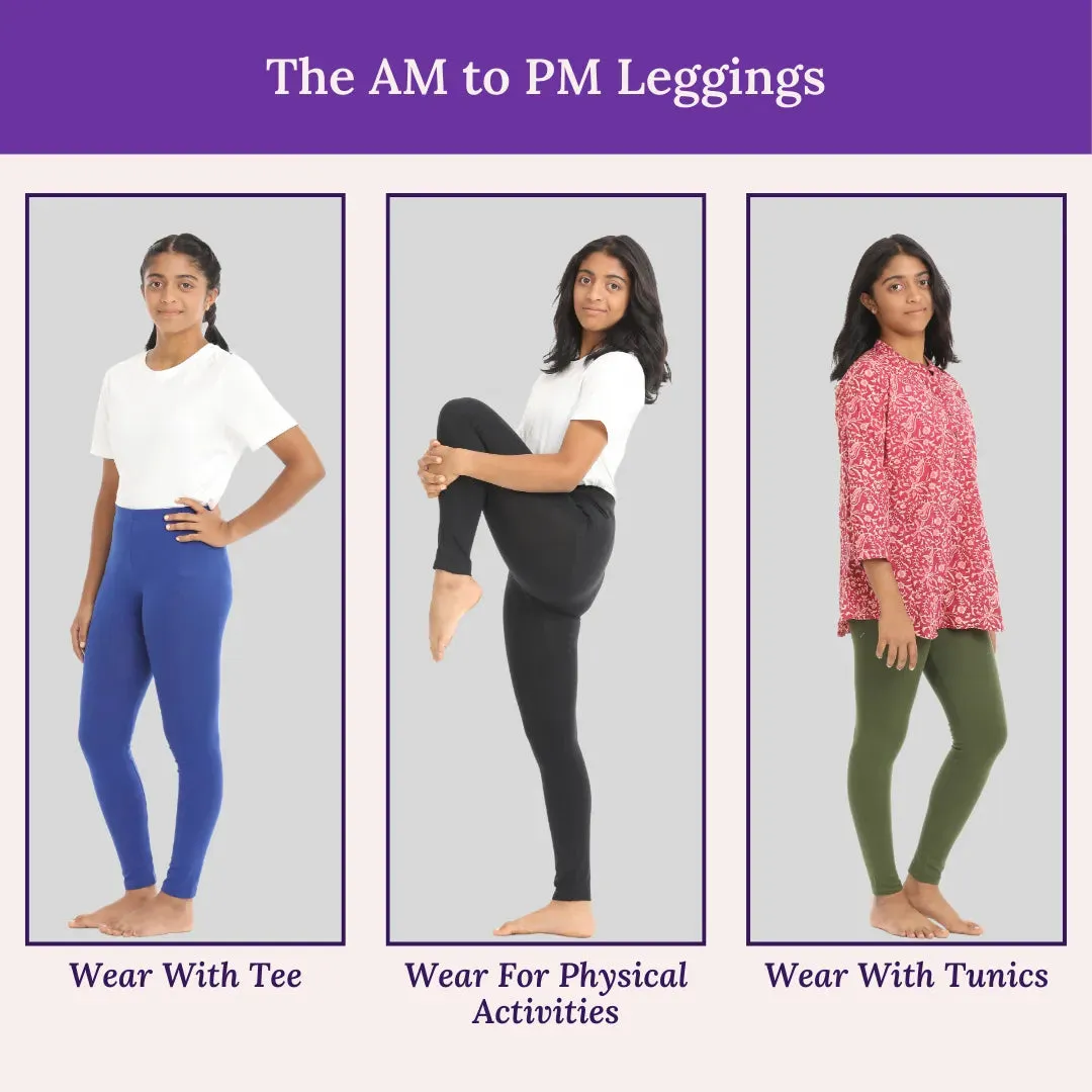 Teen Leggings | High Waist | Ankle Length | Non-See-Through | Soft Cotton & Elastane Blend | Gusset Crotch Prevents Ripping