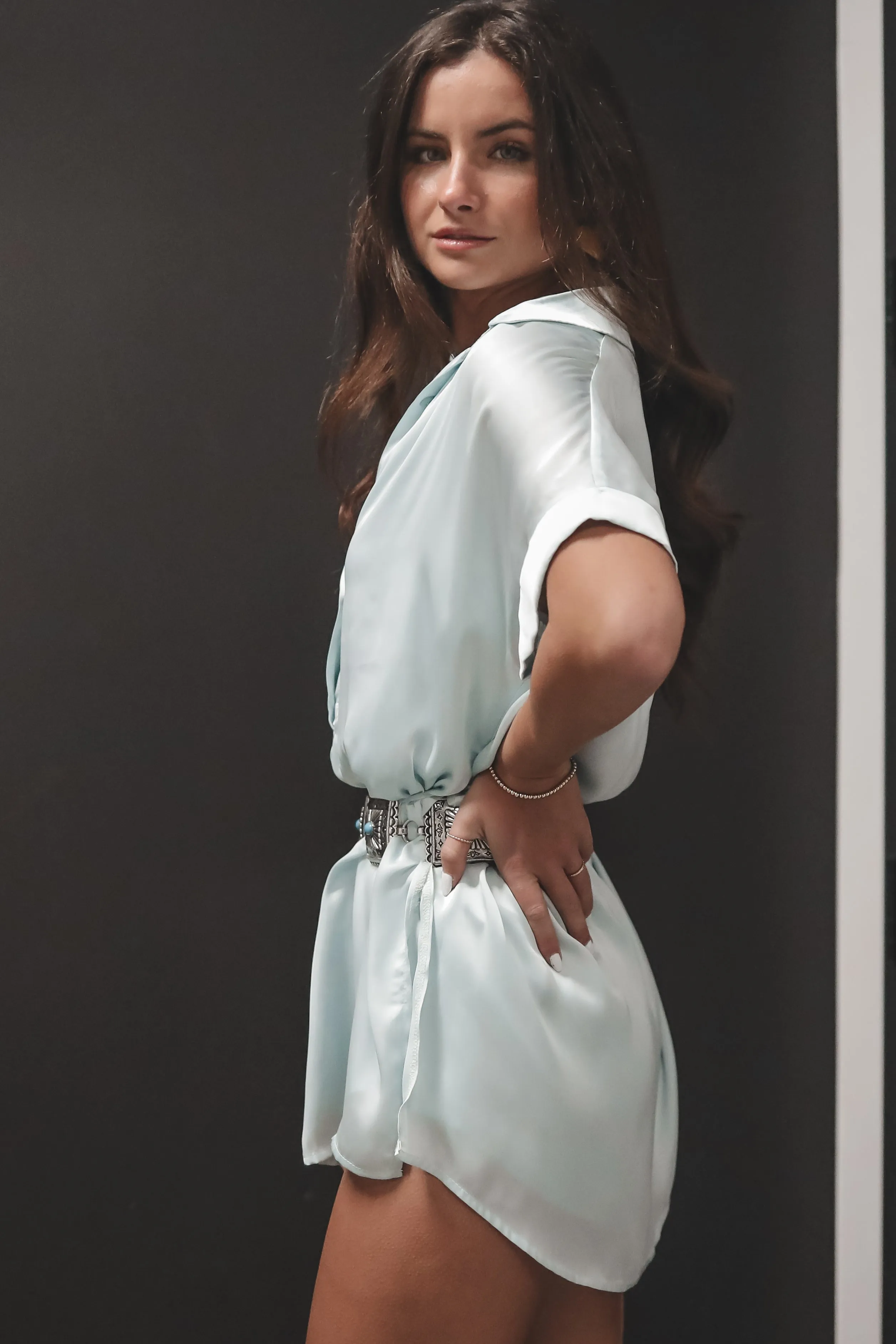 The Beverly Satin Short Sleeve Romper Dress