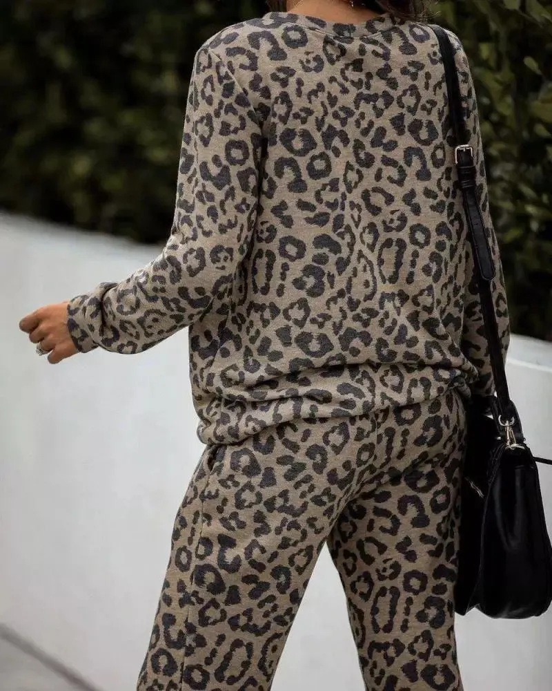 Trendy Leopard Leisure Long Sleeves & Pants Sets