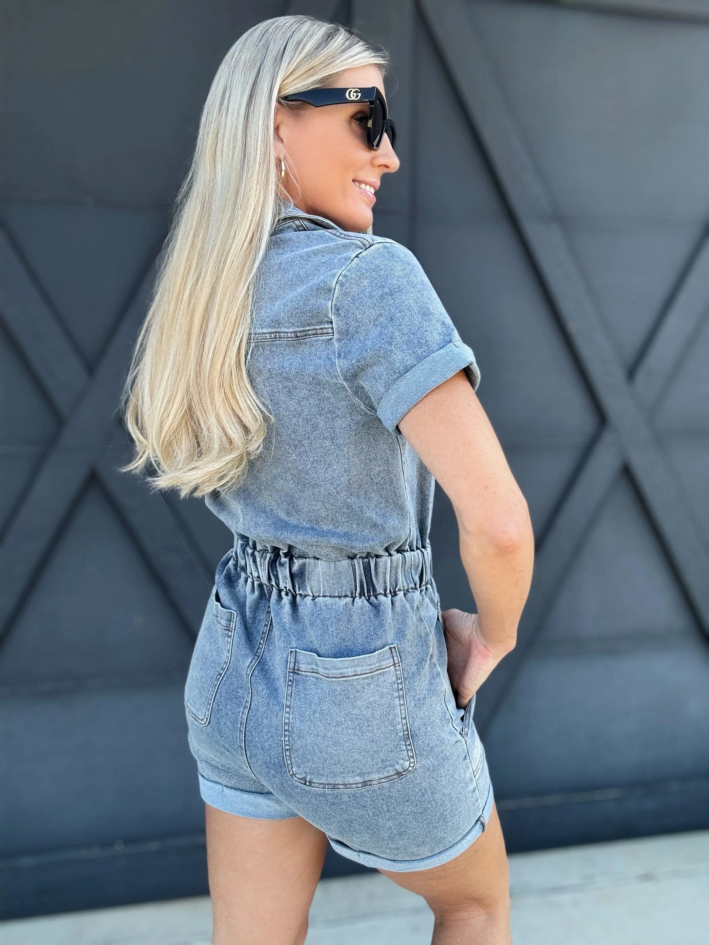 Utility Zip Up Romper In Denim
