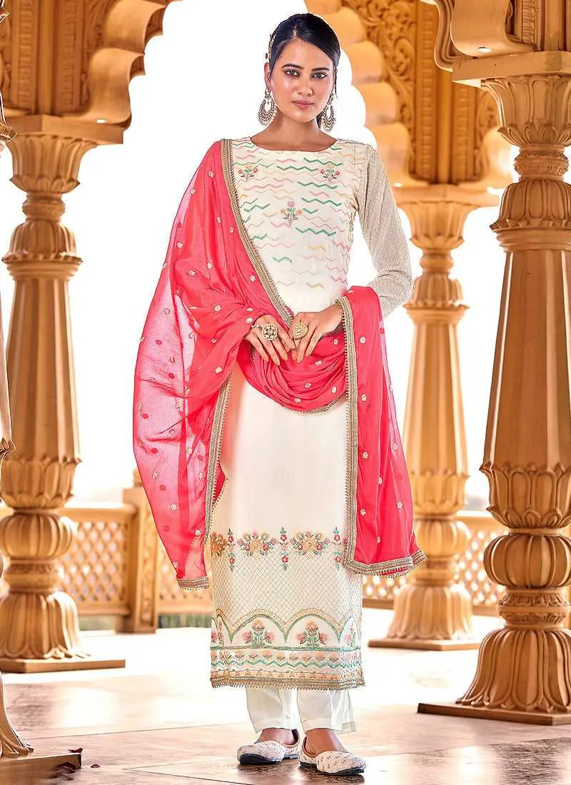 White Heavy Embroidered Straight Pant Style Suit
