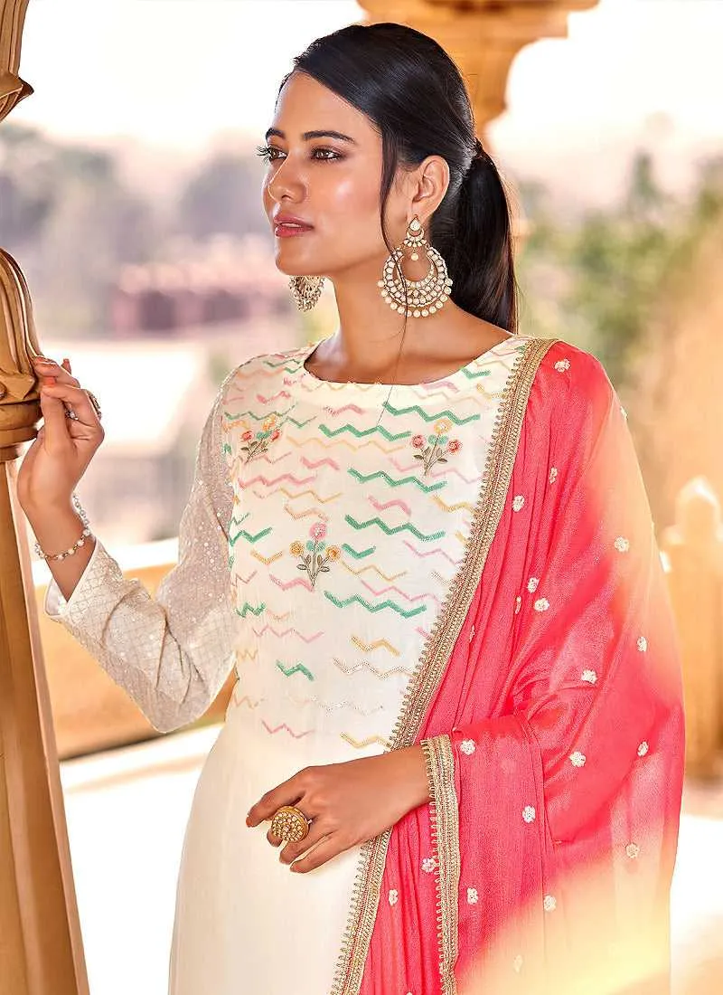 White Heavy Embroidered Straight Pant Style Suit
