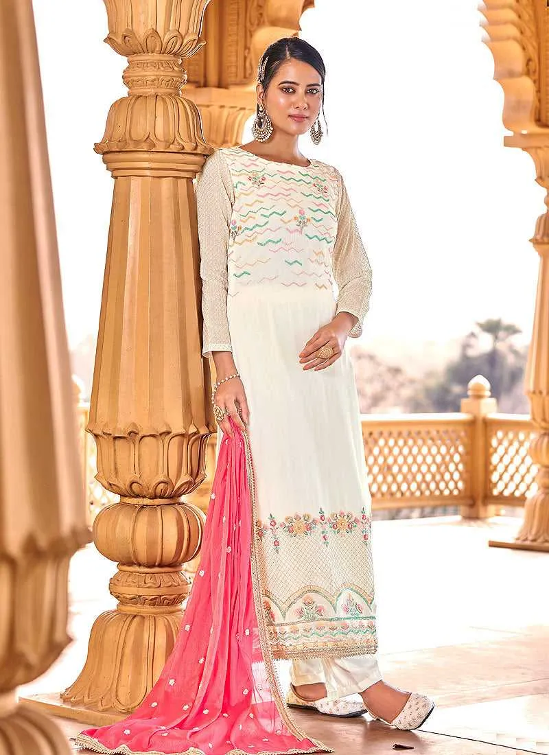 White Heavy Embroidered Straight Pant Style Suit