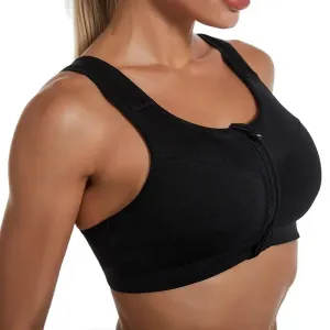 Women's Front Zipper Sports Bra - Solid Color Running Vest - Sexy Shockproof Fitness Underwear