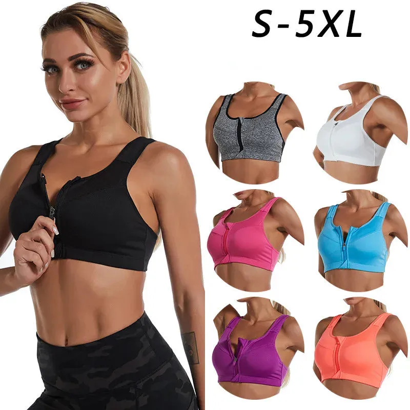Women's Front Zipper Sports Bra - Solid Color Running Vest - Sexy Shockproof Fitness Underwear