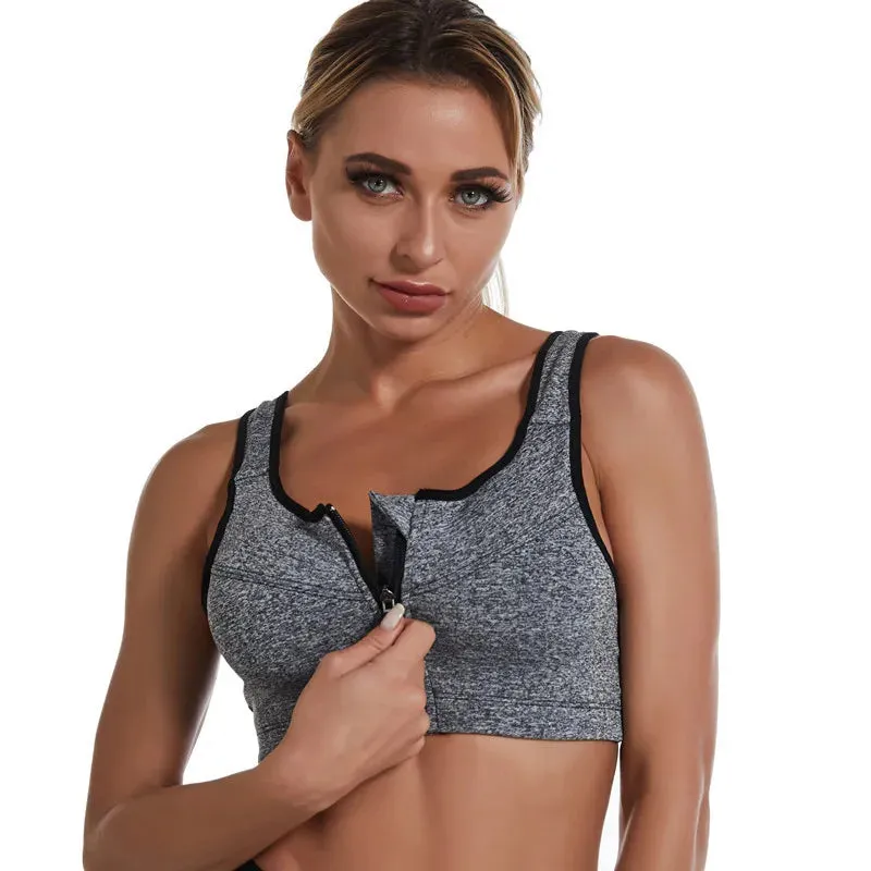 Women's Front Zipper Sports Bra - Solid Color Running Vest - Sexy Shockproof Fitness Underwear