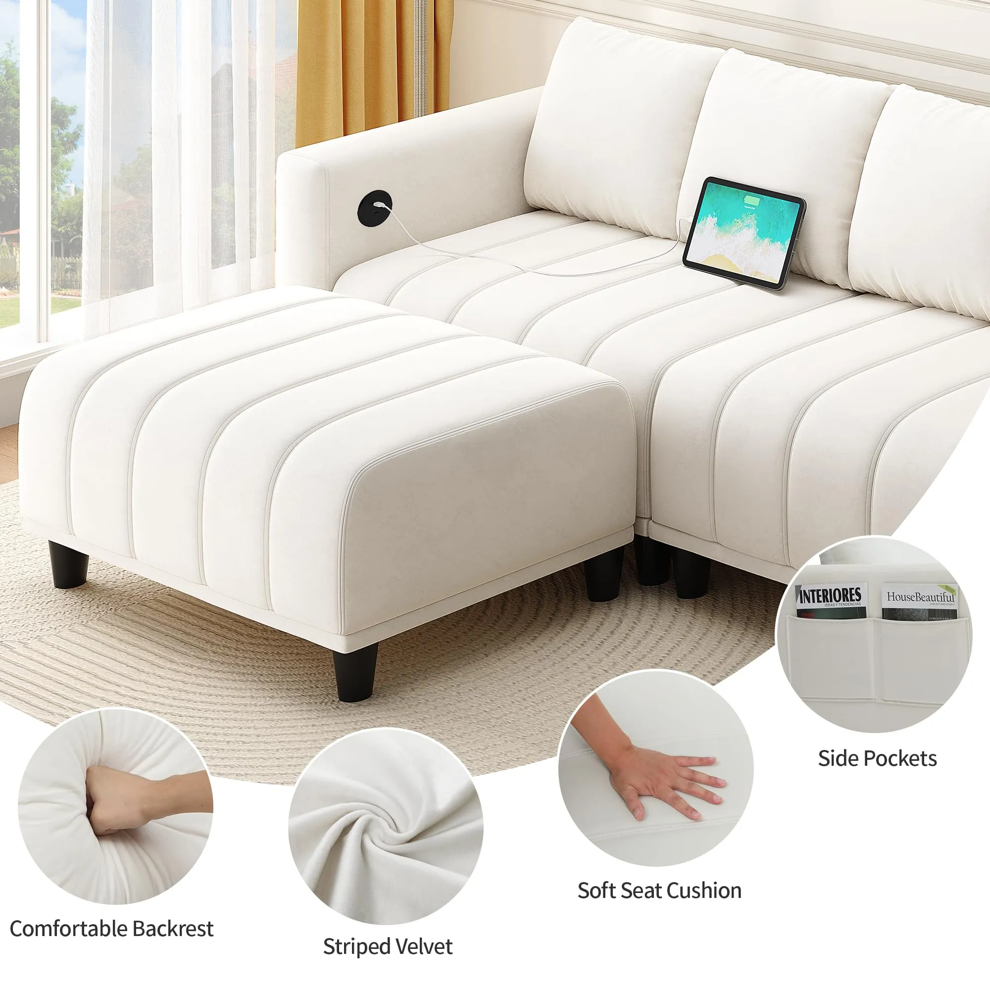 YITAHOME Sectional Sofa with Ottoman, L Shaped Couch Velvet Comfy Modern Sofa 3 Seater Cloud Couch with USB & Type-C Ports for Living Room Apartment, Beige