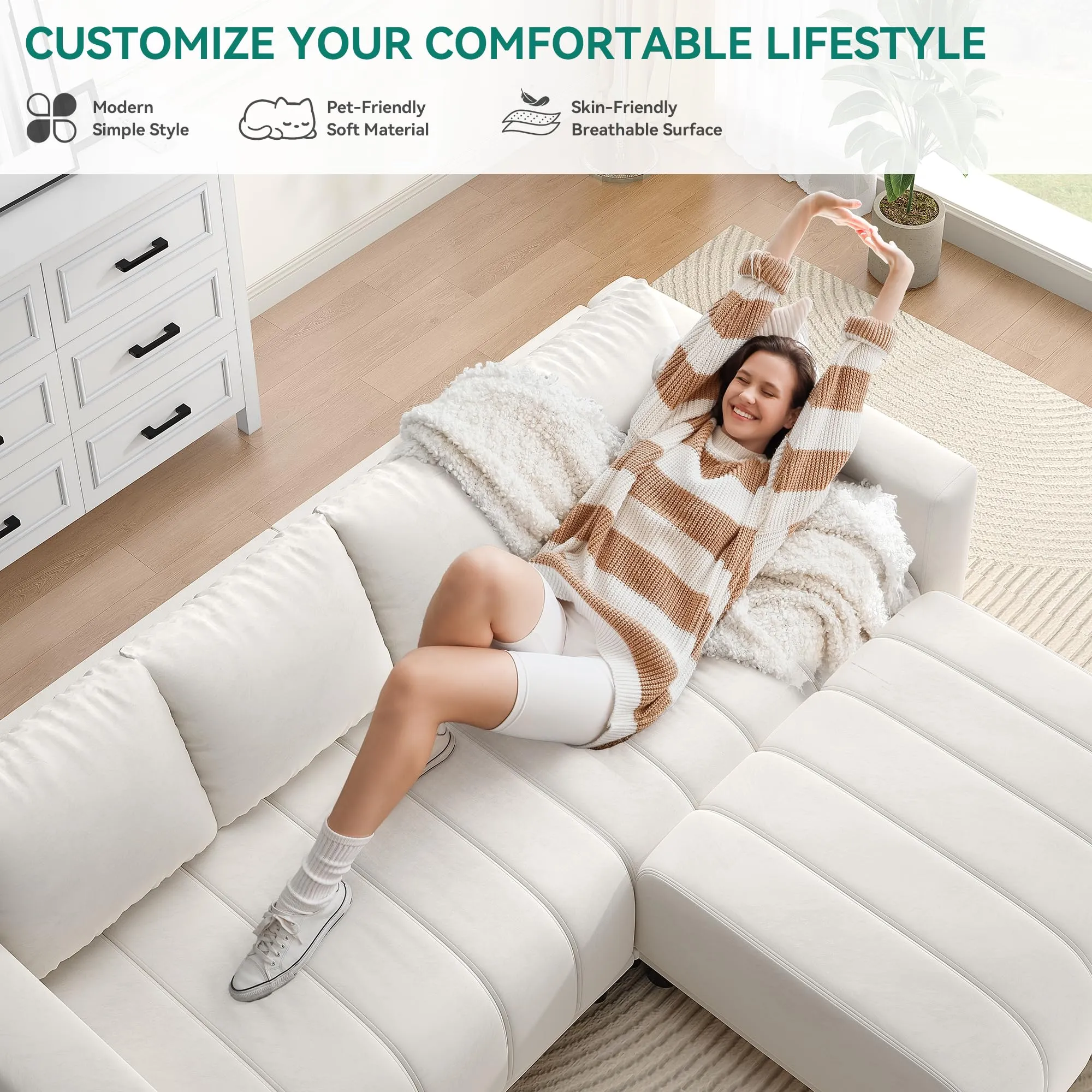 YITAHOME Sectional Sofa with Ottoman, L Shaped Couch Velvet Comfy Modern Sofa 3 Seater Cloud Couch with USB & Type-C Ports for Living Room Apartment, Beige
