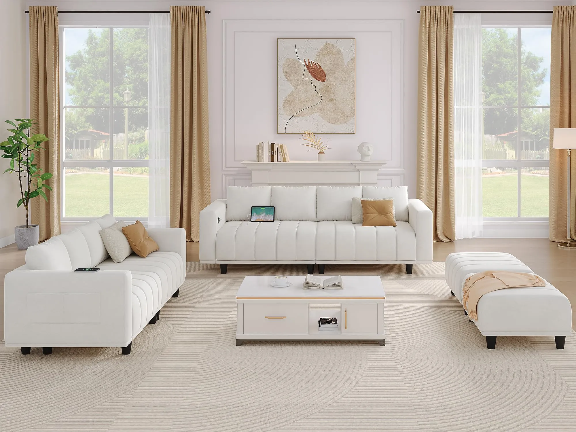 YITAHOME Sectional Sofa with Ottoman, L Shaped Couch Velvet Comfy Modern Sofa 3 Seater Cloud Couch with USB & Type-C Ports for Living Room Apartment, Beige