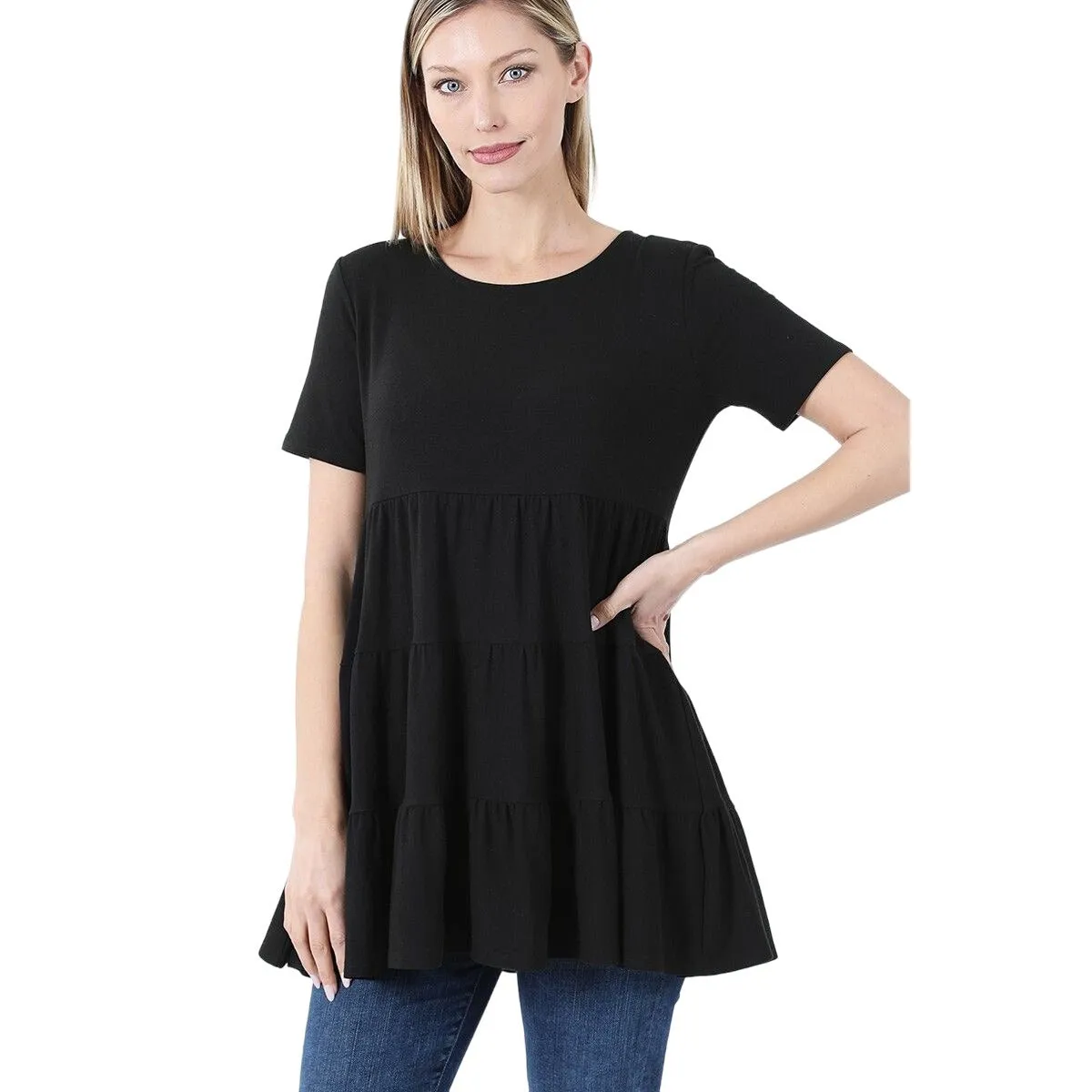 Zenana Black Short Sleeve Tiered Ruffle Tunic RT3136