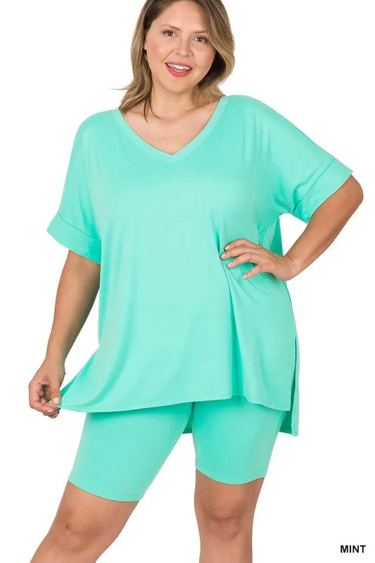 ZENANA Plus Brushed DTY Microfiber V-Neck Top & Biker