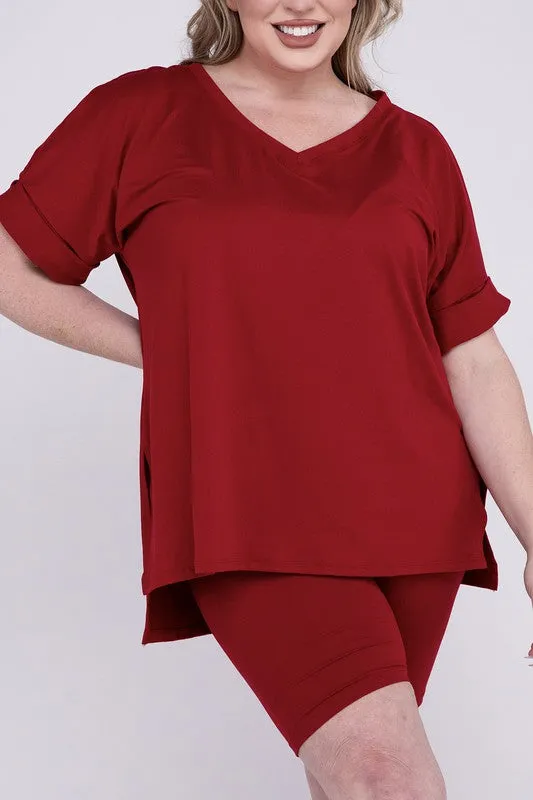 ZENANA Plus Brushed DTY Microfiber V-Neck Top & Biker