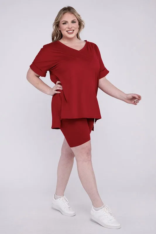 ZENANA Plus Brushed DTY Microfiber V-Neck Top & Biker