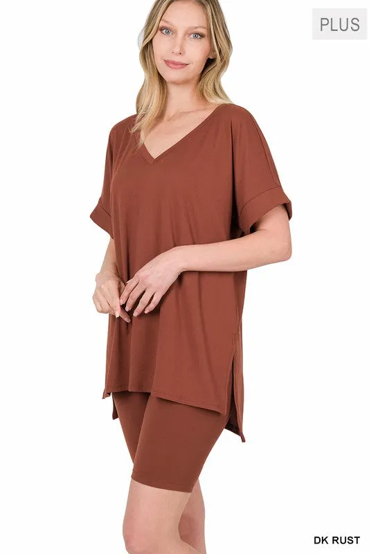 ZENANA Plus Brushed DTY Microfiber V-Neck Top & Biker