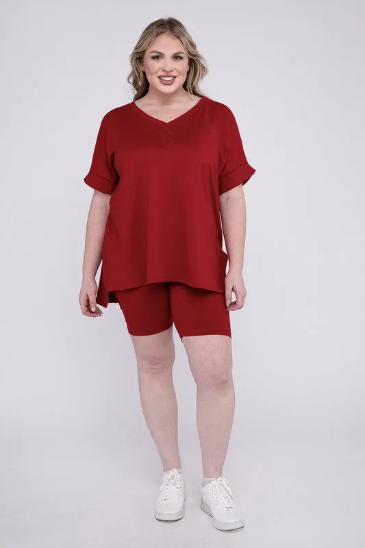 ZENANA Plus Brushed DTY Microfiber V-Neck Top & Biker