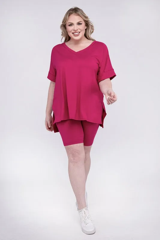 ZENANA Plus Brushed DTY Microfiber V-Neck Top & Biker