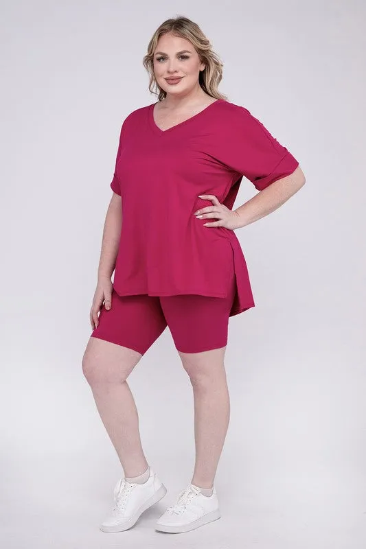 ZENANA Plus Brushed DTY Microfiber V-Neck Top & Biker