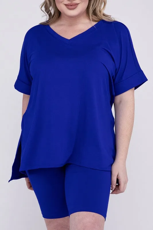 ZENANA Plus Brushed DTY Microfiber V-Neck Top & Biker