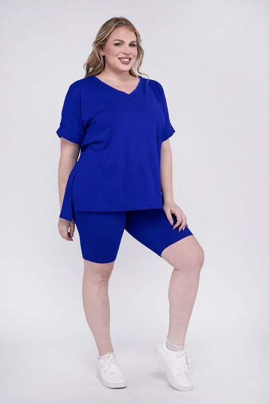 ZENANA Plus Brushed DTY Microfiber V-Neck Top & Biker