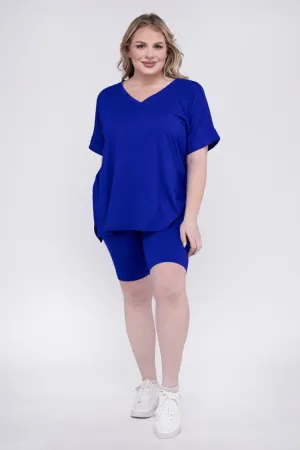 ZENANA Plus Brushed DTY Microfiber V-Neck Top & Biker