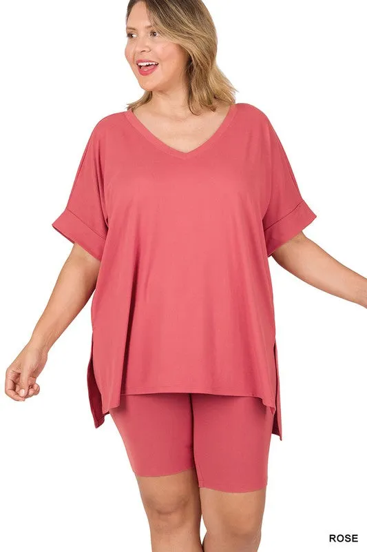 ZENANA Plus Brushed DTY Microfiber V-Neck Top & Biker