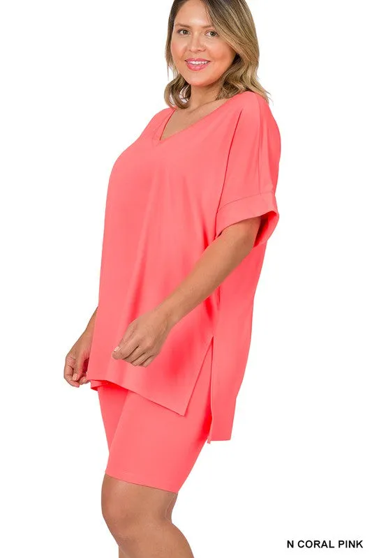 ZENANA Plus Brushed DTY Microfiber V-Neck Top & Biker