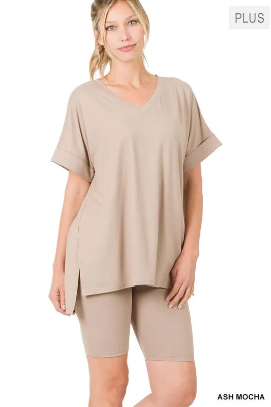 ZENANA Plus Brushed DTY Microfiber V-Neck Top & Biker