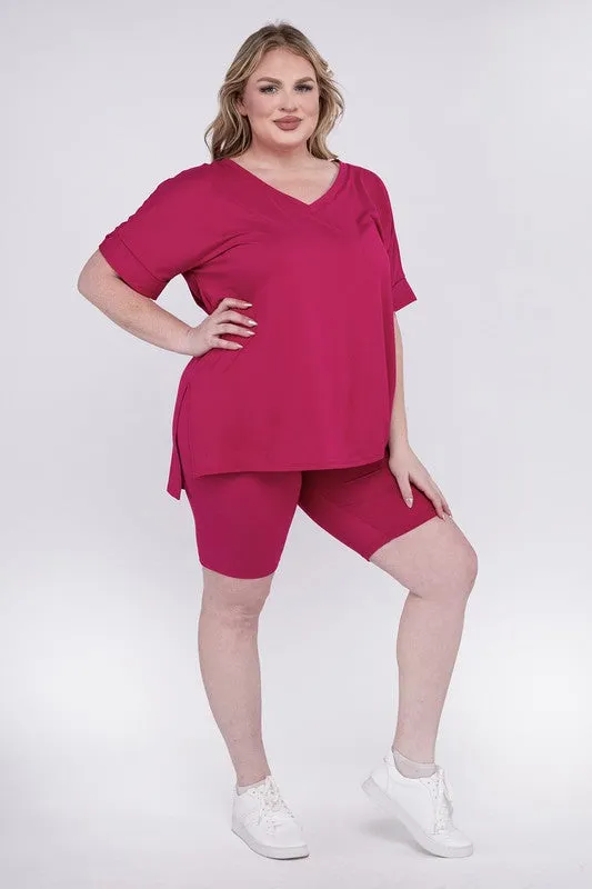 ZENANA Plus Brushed DTY Microfiber V-Neck Top & Biker