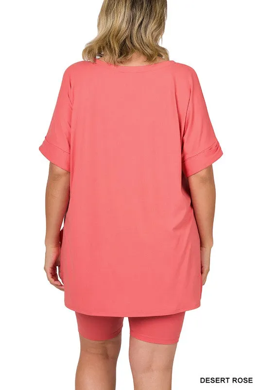 ZENANA Plus Brushed DTY Microfiber V-Neck Top & Biker