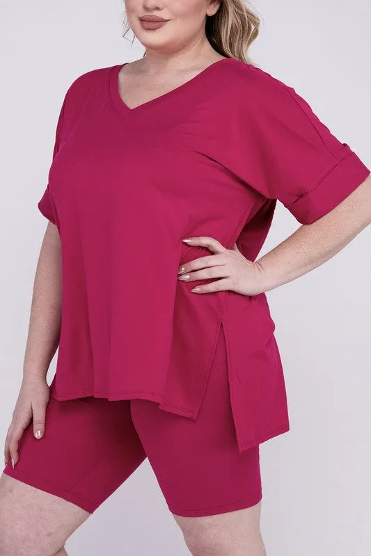 ZENANA Plus Brushed DTY Microfiber V-Neck Top & Biker